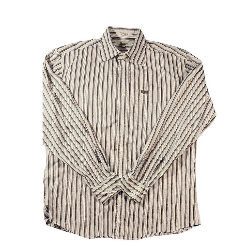 Vintage Faconnable Shirt Mens Medium Beige Blue Stripe Long Sleeve Hong Kong